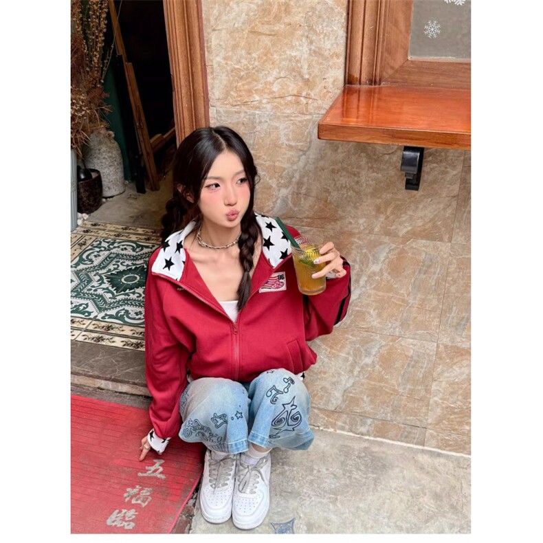 美式高街开衫长袖卫衣男女春秋撞色拼接设计感宽松休闲百搭外套潮,女装短外套,星座506A