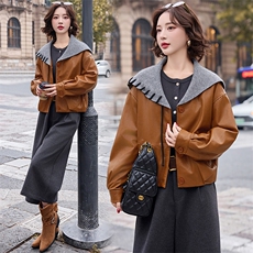 2025冬装新款简约时尚拼接加绒皮衣外套，女装皮衣，魅丽静蓝