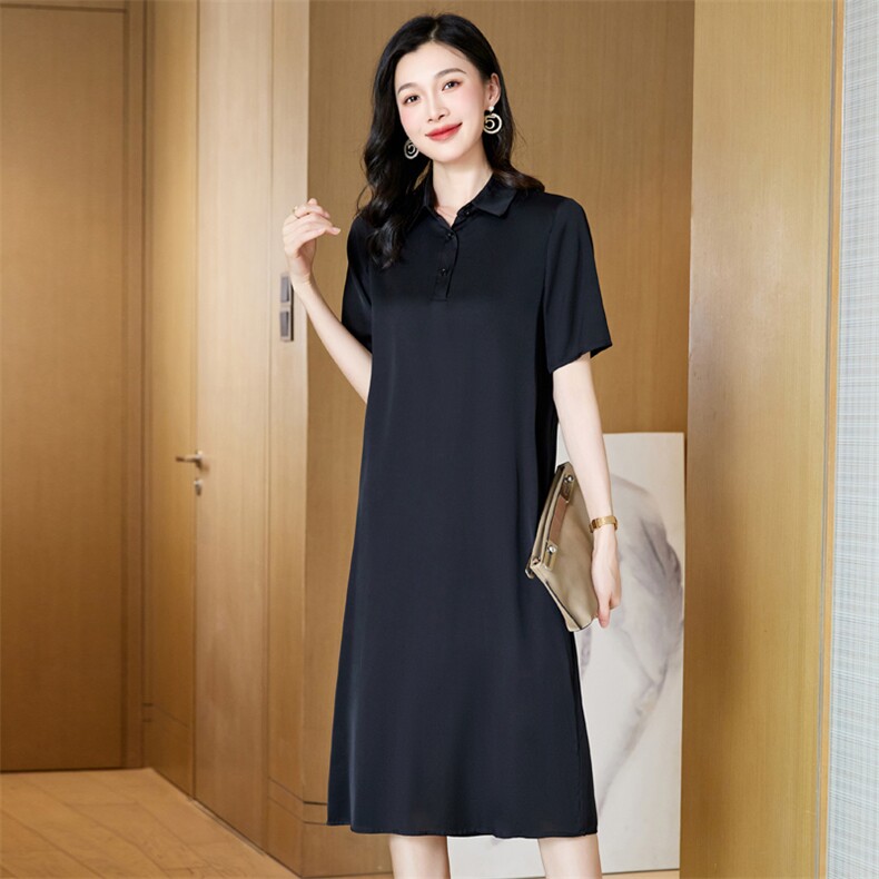 重磅真丝桑蚕丝连衣裙女夏2025新款翻领宽松遮肚子显瘦休闲polo裙,女装连衣裙,阿舍尔精品