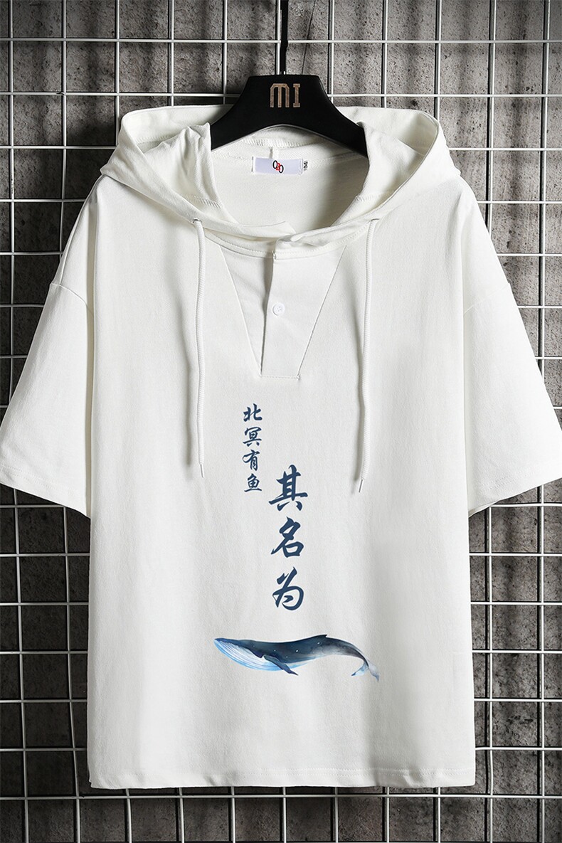 LD54261-P45NASA连帽短袖t恤男大码胖子带帽五分袖中袖网格,男装T恤,电商A040A