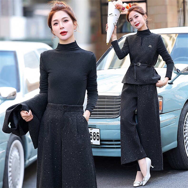 灰色高级小香风马甲套装女2025春新款气质显瘦高腰阔腿裤三件套,女装套装/套裙,歌伊格美