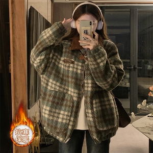 潮牌复古格纹撞色拼接翻领女秋冬新款宽松休闲百搭棉服C540-110图片
