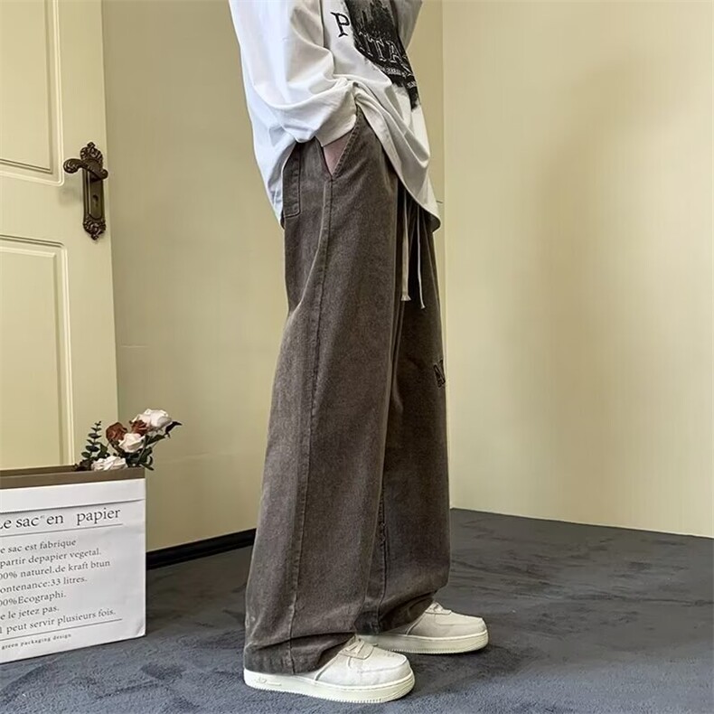 秋冬季男士美式复古字母灯芯绒裤子加绒宽松直筒阔腿休闲长裤,男装卫衣,星座218-1（原230）