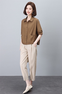 时尚翻领棉麻休闲套装女夏季新款宽松显瘦两件套气质百搭小香风图片