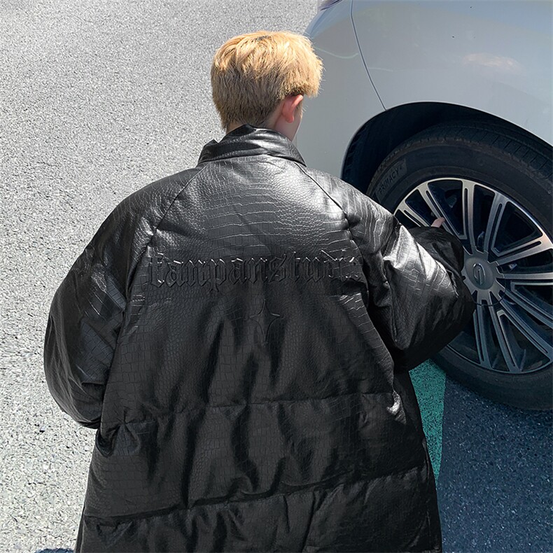 男PU皮棉衣男宽松立领加厚凹凸钢印充棉棉袄MY8699/P115黑色9,男装棉衣,电商A094