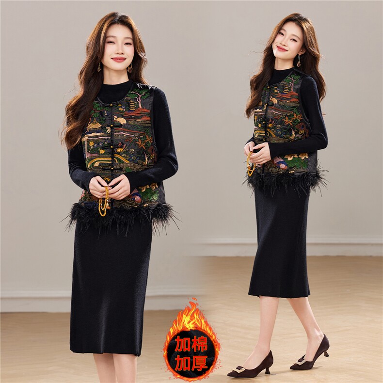 冬季新款加棉新中式圆领整身刺绣盘扣真毛可拆卸洋气两件套装裙女，女装套装/套裙，央宝儿