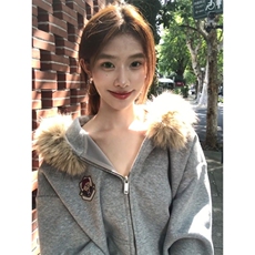 网图美式复古卡通熊耳朵毛领连帽卫衣男女休闲开衫拉链外套特P78，女装短外套，电商C306-1