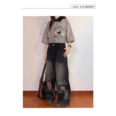 美式复古格子拼接牛仔裤女生春季2025新款设计感阔腿直筒拖地裤子，男装牛仔裤，星座506A