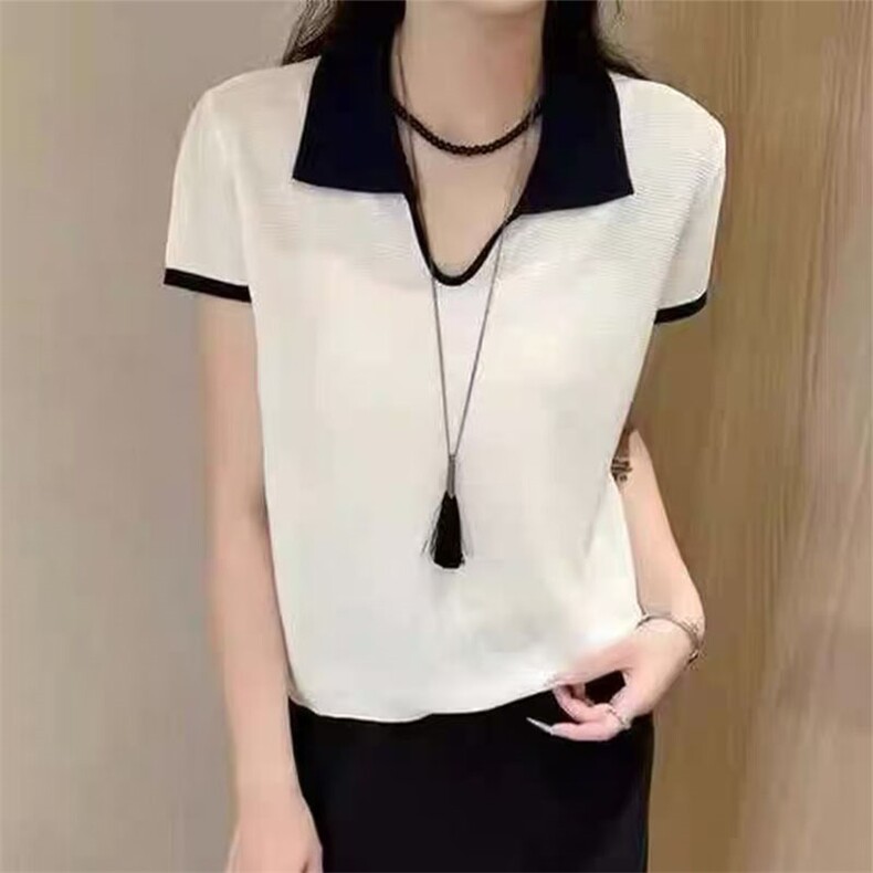 撞色翻领短袖t恤女夏季2205新款打底衫洋气大码女装冰丝针织上衣,针织衫/毛衣,萱芳婷羊绒