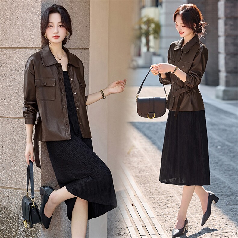 时尚慵懒套装裙2025秋新款韩系甜酷PU外套减龄吊带连衣裙两件套，女装套装/套裙，冬木谷雨