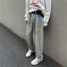 做旧复古黄泥蓝泼墨牛仔裤水洗高街直筒宽松裤子男女N02501-P53，男装牛仔裤，星座308B-2