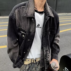 美式高街vibe扎染牛仔外套春秋款男破坏高级感情侣牛仔衣工装夹克图片