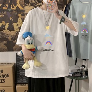 YT26141-P30亚麻短袖t恤男大码五分袖男宽松七分袖海报风，男装T恤，电商A040