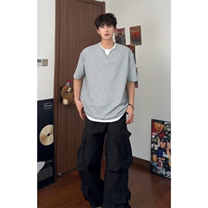 现货A2011TP30-夏季2025小众设计感撞色假两件T恤男百搭上衣，男装T恤，电商B241