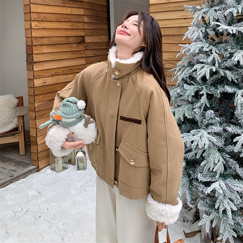 卡其色羊羔毛羽绒服女短款冬季新款韩系减龄加厚小个子白鸭绒外套,女装羽绒服,2C230
