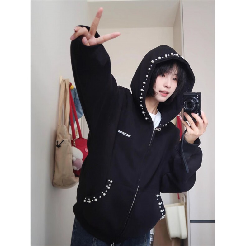 美式复古珍珠设计感连帽短款卫衣男女秋运动服休闲上衣潮网图,男装卫衣,星座410-6（原星座1304-1）