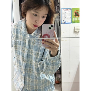 美式小香风工装撞色格纹长袖衬衫夹克男女情侣外套秋 CW444图片