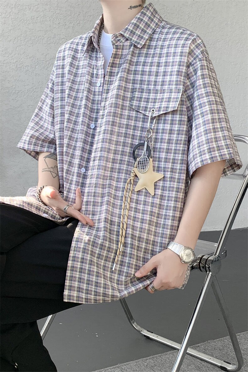 （带配件）CS1151-特批40控78夏季新款男女格子短袖大码男衬衫,男装T恤,电商A059