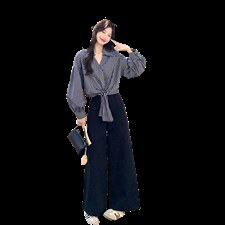 春款现货韩式不规则格子衬衫阔腿裤套装2109P175K288，女装套装/套裙，2C219