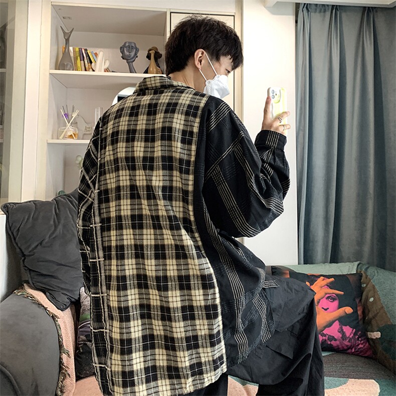 美式复古格子衬衫男女外套设计感小众外套拼接衬衣潮CS0310-P50,男装衬衫,星座308B-1
