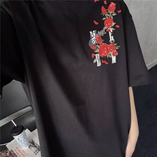 网图现货美式宽松复古花卉刺绣圆领T恤男女T1451P35，男装T恤，星座205-3