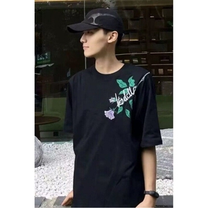【现货】DAT45-1-特P38紫色玫瑰印花短袖T恤夏季宽松男女半袖体恤图片