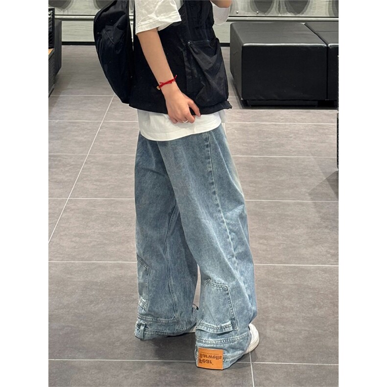 蓝色反穿倒装牛仔裤男款美式高街设计感反方向的裤子宽松直筒长裤图片