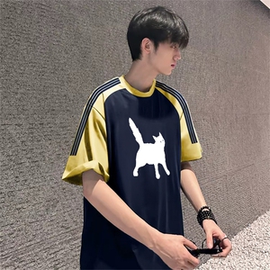 抖音得物品质二开240克宽松纯棉美式潮牌插肩三杠织带短袖T恤图片