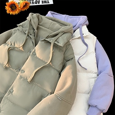 新款假两件棉服男加厚羽绒棉衣情侣款连帽拼色连帽外套M092-P75，男装棉衣，星座1403A
