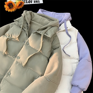 新款假两件棉服男加厚羽绒棉衣情侣款连帽拼色连帽外套M092-P75图片