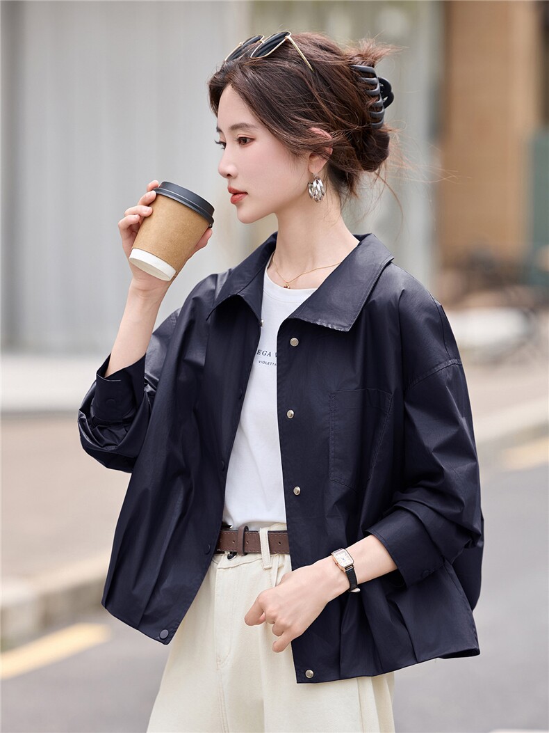 休闲翻领衬衫式薄外套女2025秋新款高级感宽松百搭小个子夹克上衣,女装短外套,丽影随形