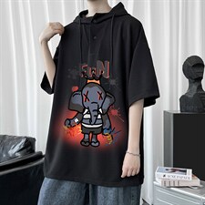 LD54221-P45连帽短袖t恤男大码胖子带帽五分袖中袖，男装T恤，电商A040