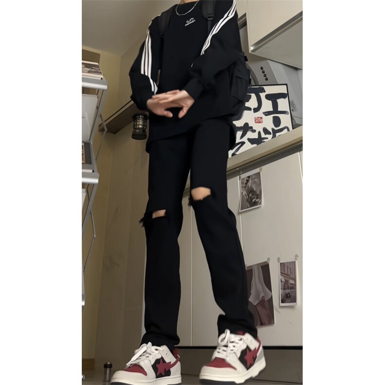 破洞牛仔裤男款春秋季美式高街潮牌cleanfit弹力修身显瘦小脚裤子图片