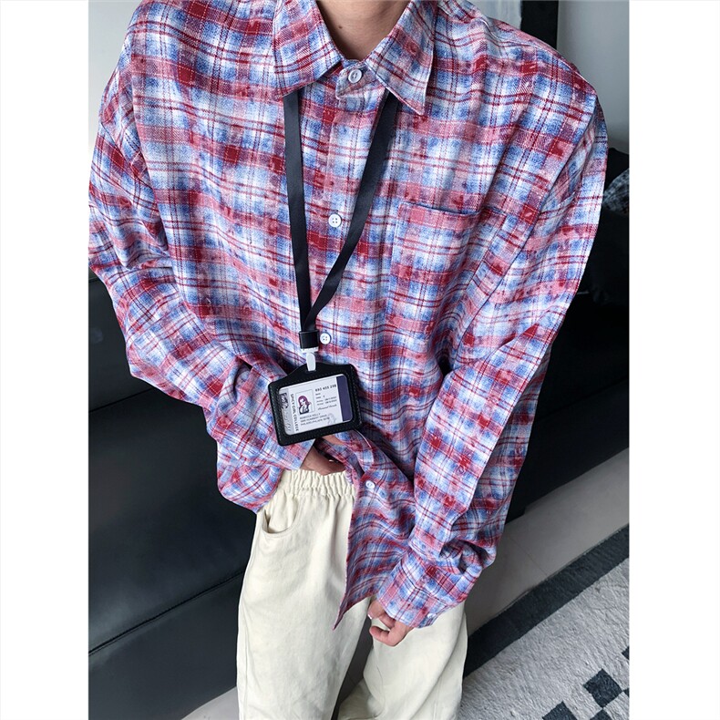 现货~扎染格子大码长袖衬衫C5885/特P28红色,男装衬衫,电商A094