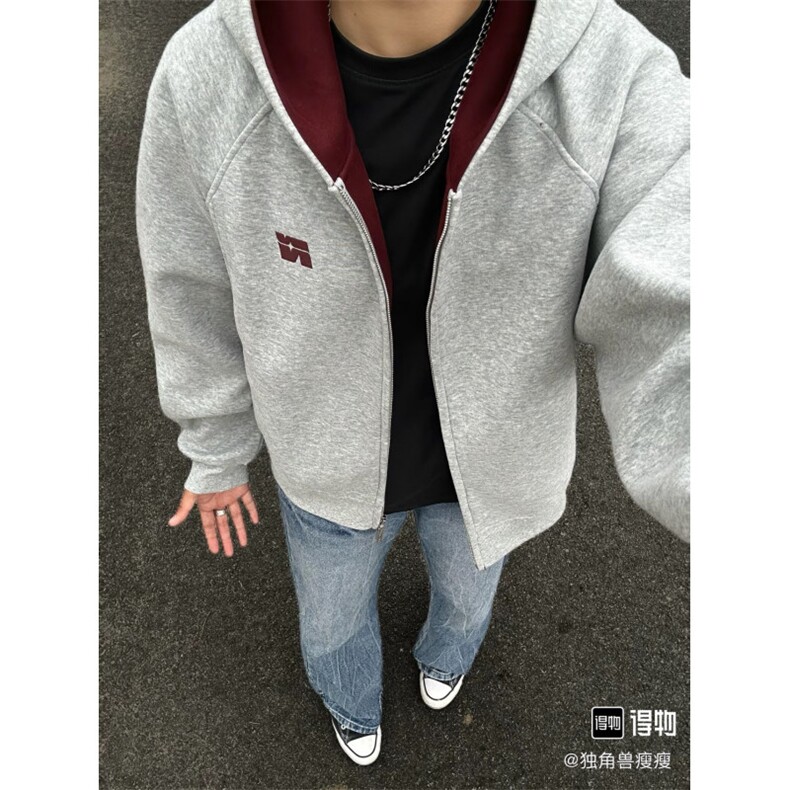 网图 短款撞色刺绣双拉链开衫卫衣男女潮牌情侣连帽休闲外套 P60图片