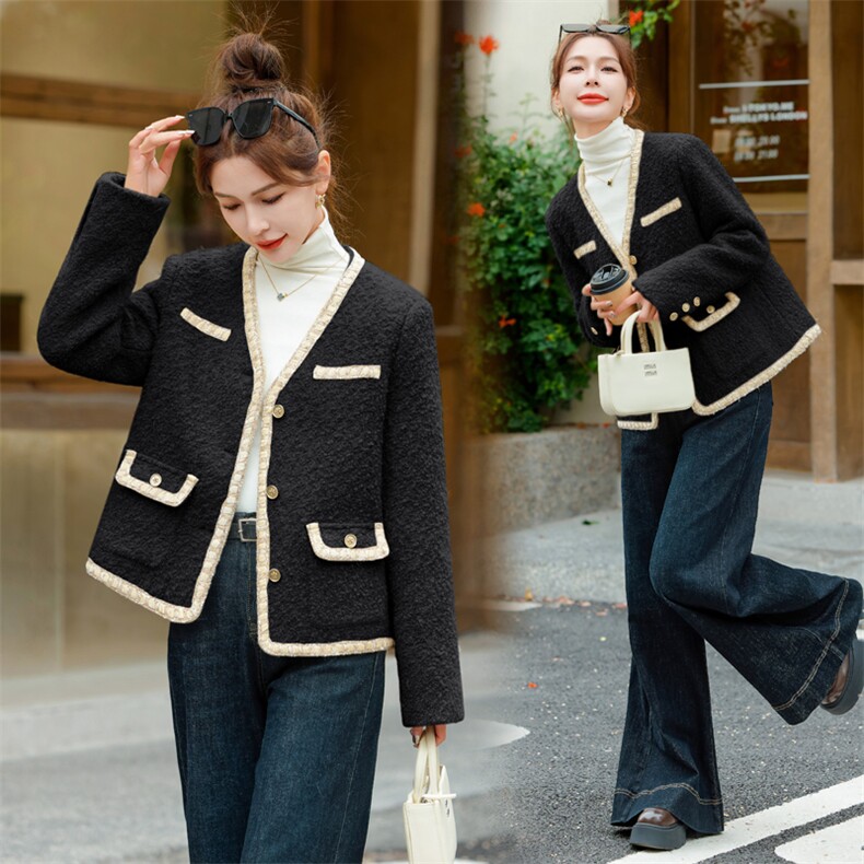 2024冬季白鸭绒宽松显瘦大码粗花呢小个子法式小香风羽绒服外套女,女装毛呢外套,雅静靓衣