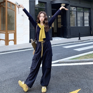 休闲减龄穿搭藏蓝色T恤套装女春秋超火好看高级感工装长裤两件套图片
