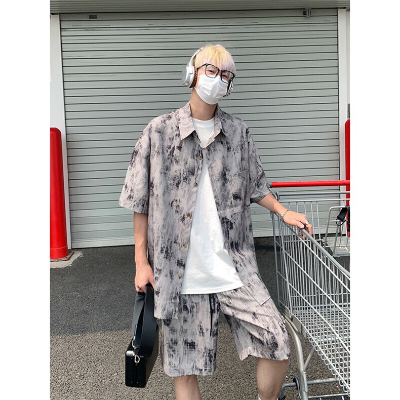 扎染新款套装男生夏季薄款短袖衬衫运动短裤中性风潮牌宽松两件套,男装衬衫,电商A007