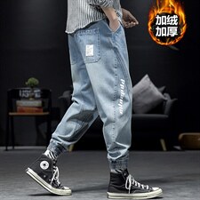 2021冬季新日系大码男美式印花拼接束脚加绒加厚牛仔裤N80161-P60，男装牛仔裤，电商A001
