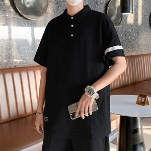 港风原宿翻领短袖T恤男加肥大码POLO衫宽松胖子立领半袖 T693-P30图片