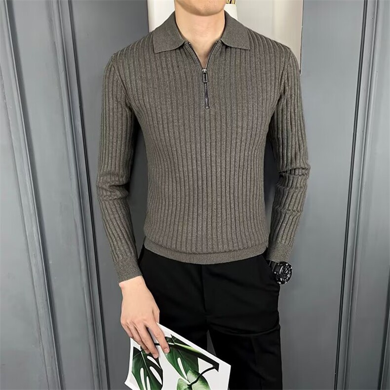 休闲轻奢翻领男polo衫简约纯色细条磨毛通勤针织毛衣，男装针织衫/毛衣，星座410-6（原星座1304-1）