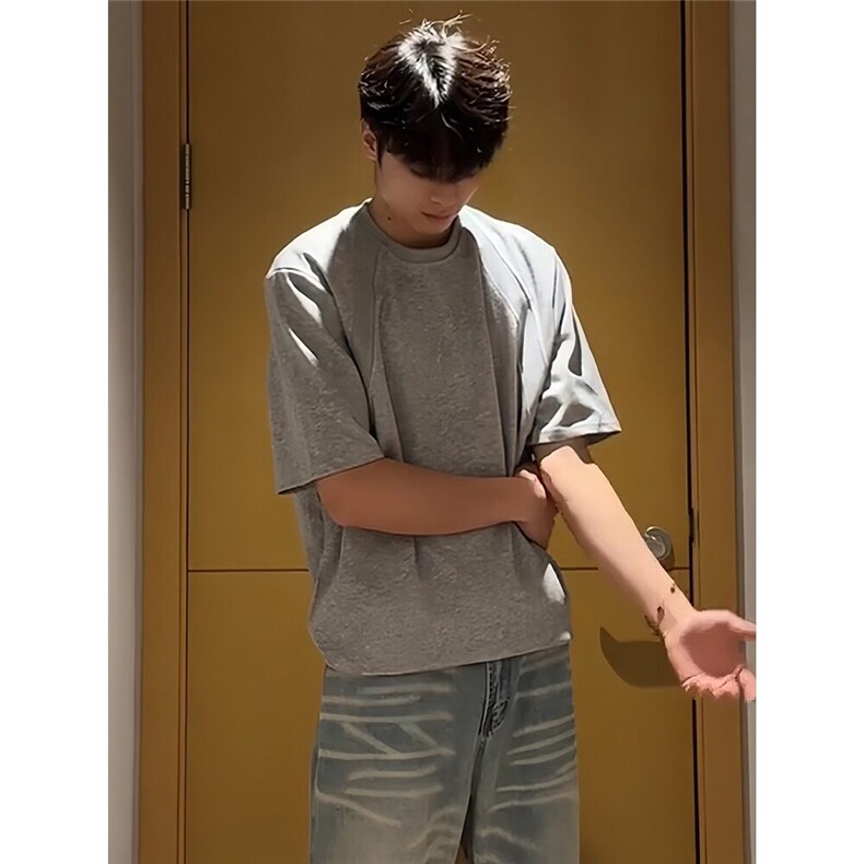 小领口纯棉正肩T恤男夏季美式boxy版型硬挺廓形短袖cleanfit半袖,男装T恤,星座218-1（原230）