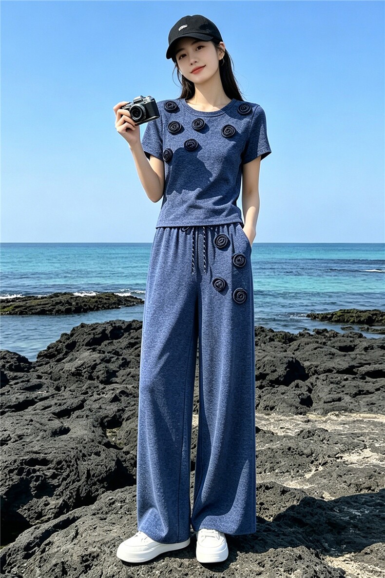 欧货时尚休闲运动套装夏季新款圆领立体花朵上衣直筒长裤两件套潮,女装套装/套裙,江南