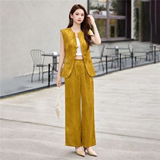 现货新中式轻熟气质优雅2026夏季新款高级感印花阔腿裤两件套，女装套装/套裙，火爆靓佳人