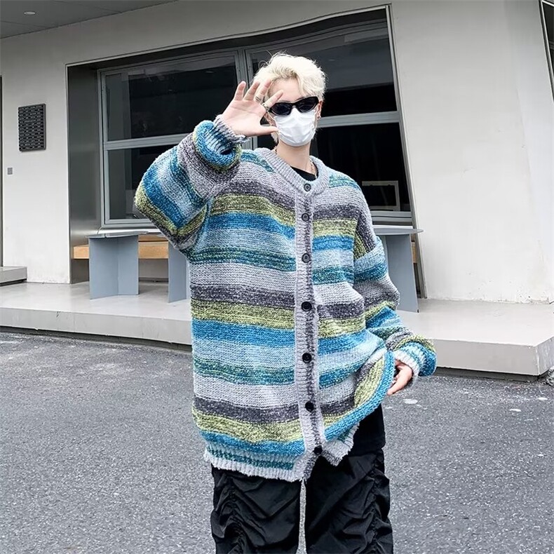 毛衣男秋冬慵懒风美式复古宽松潮牌油画彩虹渐变情侣针织开衫外套图片