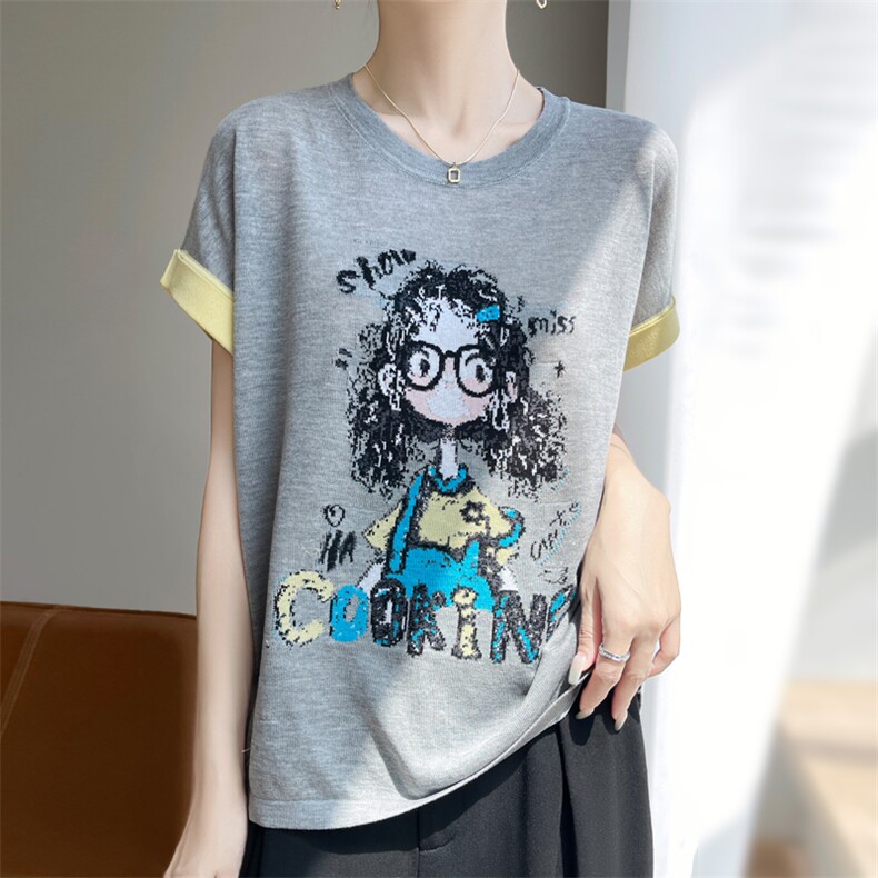 夏季新款竹节麻卷发眼镜女孩短袖女修身显瘦百搭时尚休闲上衣潮,女装T恤,暖娇绒包芯纱店