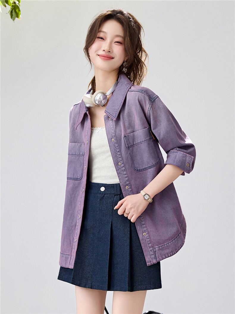 2026春季新款紫色渐变牛仔衬衫女设计感小众纯棉上衣休闲宽松外套,女装衬衫,艾米