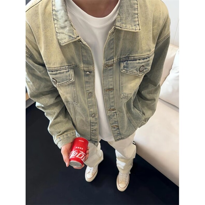 JK128-P52美式高街水洗做旧黄泥染牛仔外套男款潮流宽松,男装工装外套,电商B323A