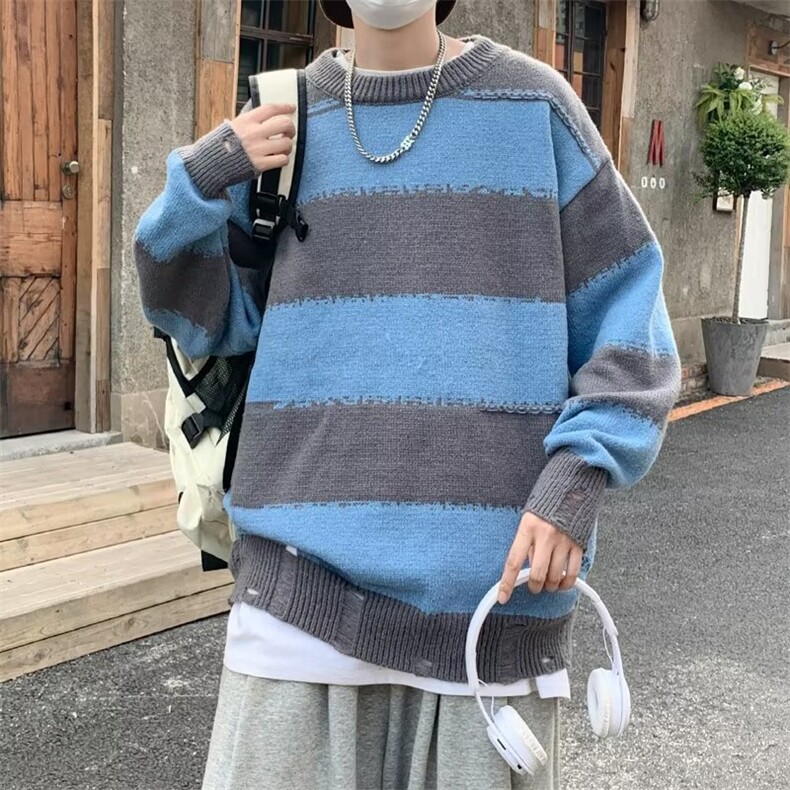毛衣外套男秋冬港风复古潮牌情侣针织衫慵懒风条纹上衣M957-P39,男装针织衫/毛衣,星座512-2