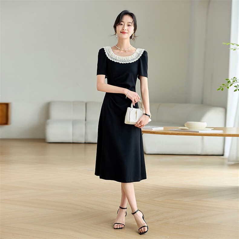 轻奢高级感蕾丝花边方领连衣裙女2024夏季新款赫本风气质显瘦裙子,女装连衣裙,安之芮娜